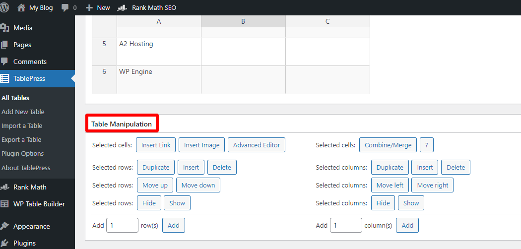 Customizing table using TablePress