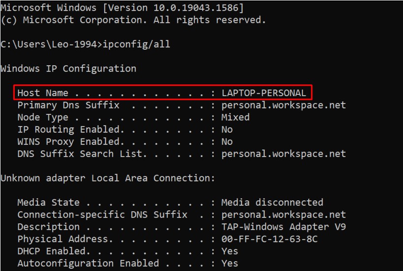 Terminal do Windows com comando ipconfig/all exibindo configurações do sistema como hostname