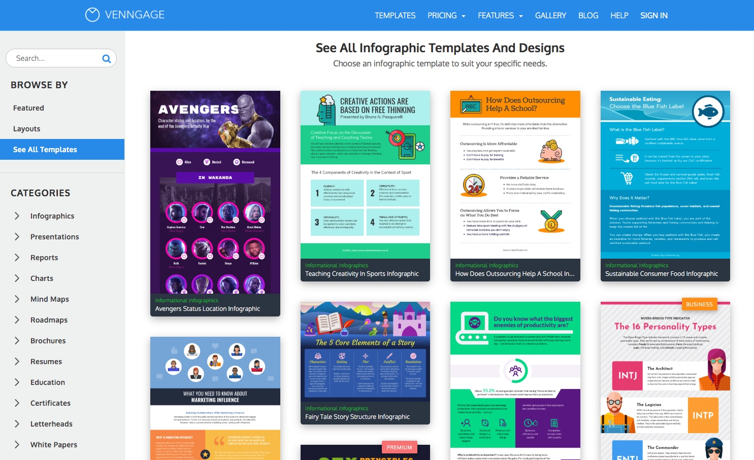 Venngage templates of infographics inside the tool