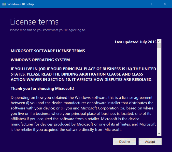 "License terms" window