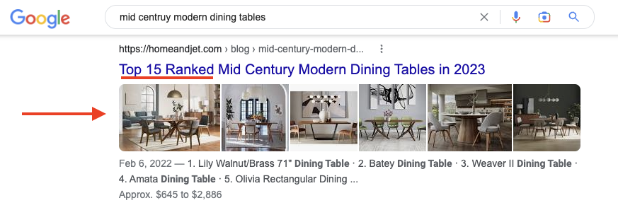 Example of a niche home decor blog in the Google SERP.