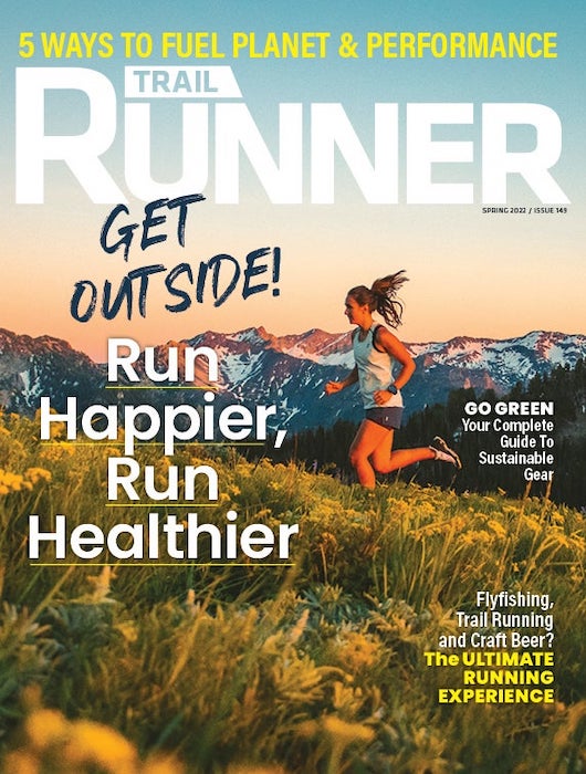 Keith Fearnow's cover for Trail Runner magazine features a woman high-up on a scrub-covered mountainside at dawn.