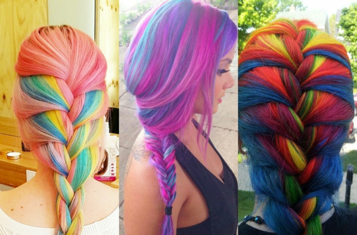 Fotocollage aus drei Bildern - wunderschöne Frisuren für lange Haare, gefärbt in vielen verschiedenen Farben, französischer Zopf - rosa Haare mit blauen und gelben Strähnen, Fischgrätezopfopf - Haare mit dicken pinken und blauen Strähnen, französischer Zopf für Regenbogen-Haare