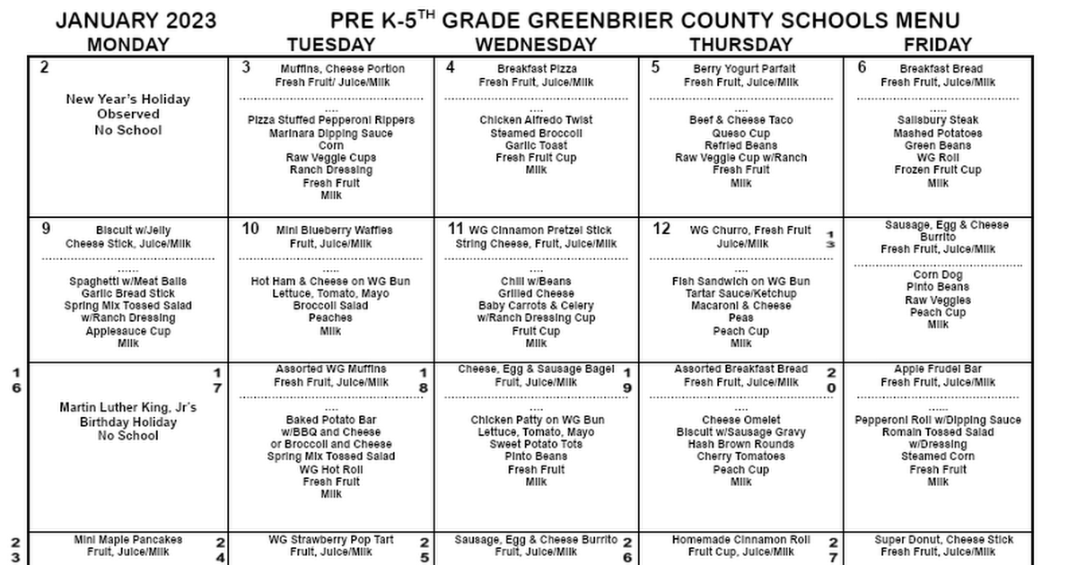 Elementary Lunch Menu Google Drive