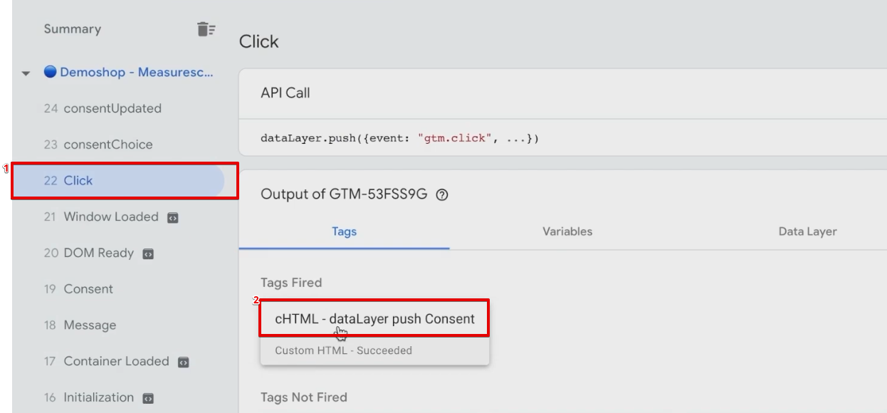 Analyzing the fired Tags from the Click section of GTM preview mode