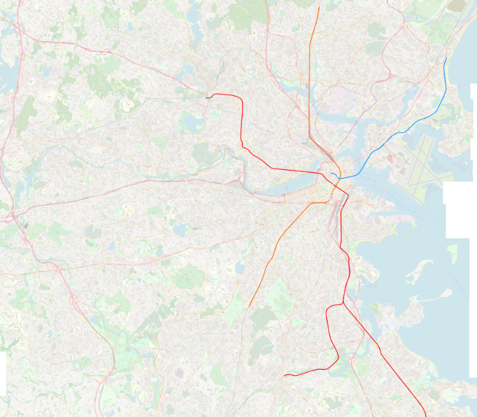 A map of the MBTA's current rapid transit system, showing only the Red, Orange, and Blue Lines. A sizable gap between the Orange and Red Lines to the west of Boston is plainly visible, stretching all the way to Route 128