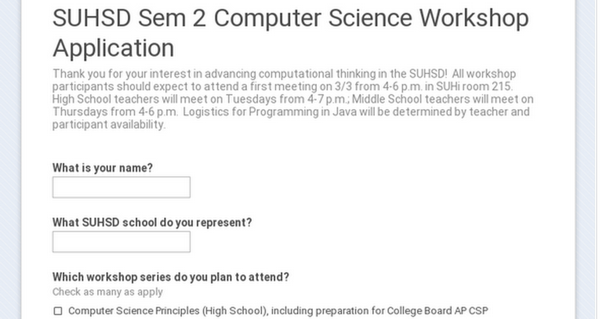 SUHSD Sem 2 Computer Science Workshop Application
