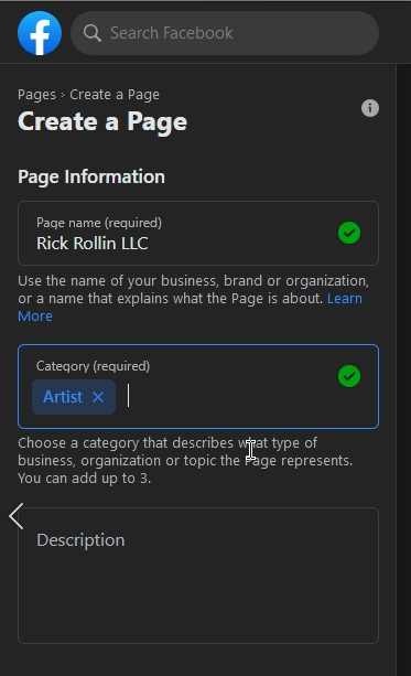 Facebook Create a Page example