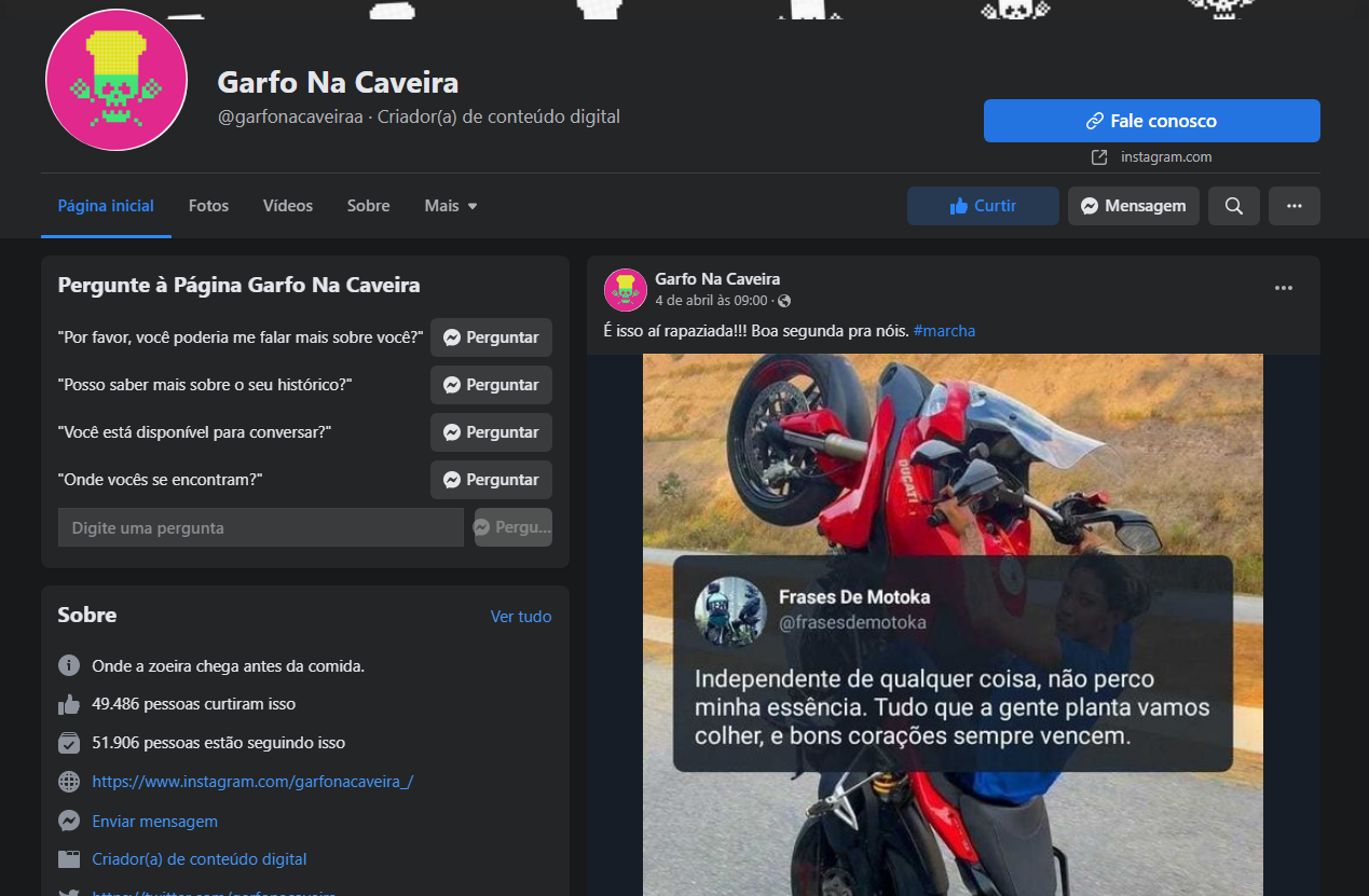 Captura de tela da página “Garfo Na Caveira” no dia 09/04/2022.