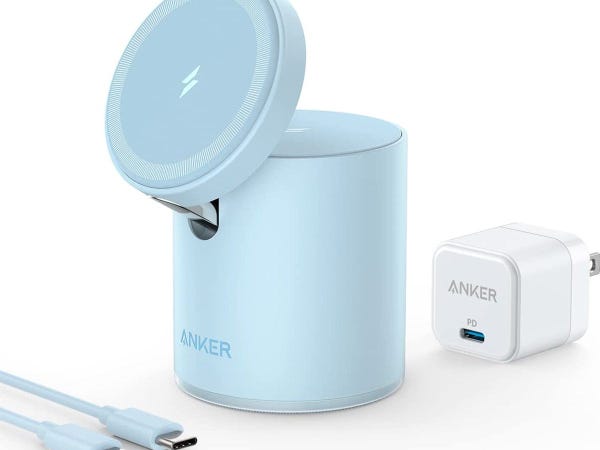 The Anker 623 2-in-1 Magnetic Wireless Charger in blue