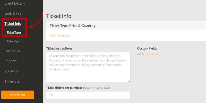 navigate to the ticket info section of your event page