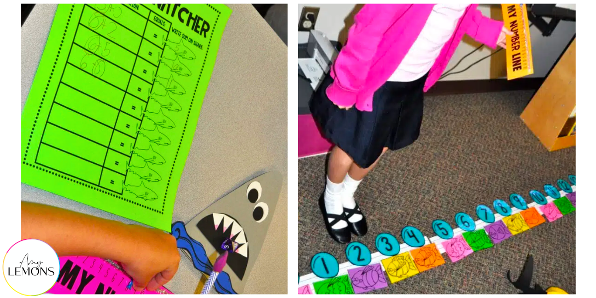 Students practing hands-on math with a shark snatcher game. Students stand along a number line and pretend to be sharks.