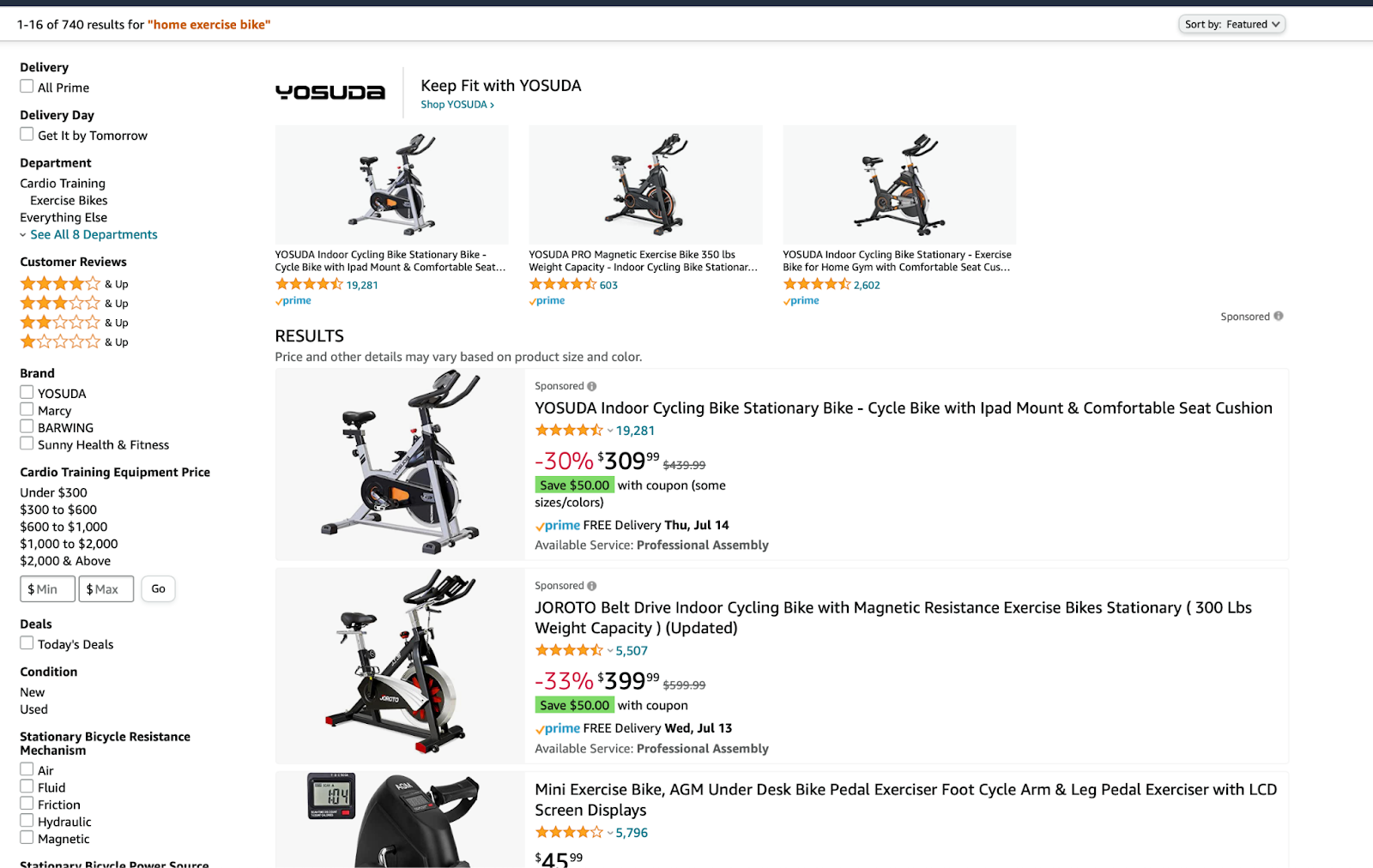 Home exercise bike search on Amazon