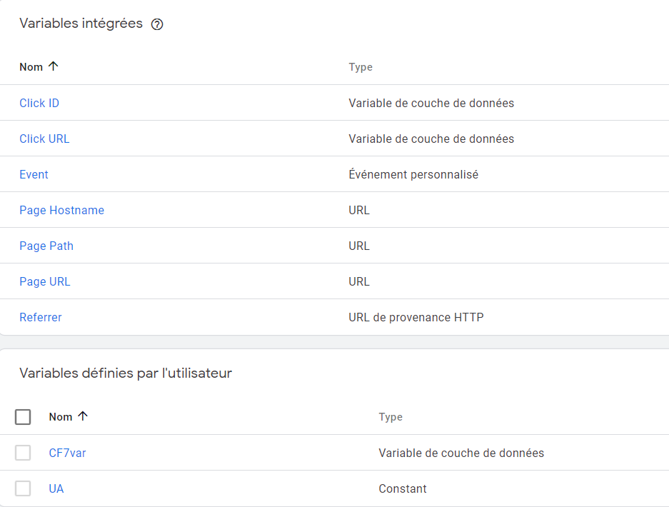 Variables intégrées dans Google Tag Manager