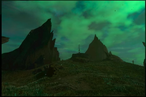 Forspoken: Background Hill and the green sky with the black patches 