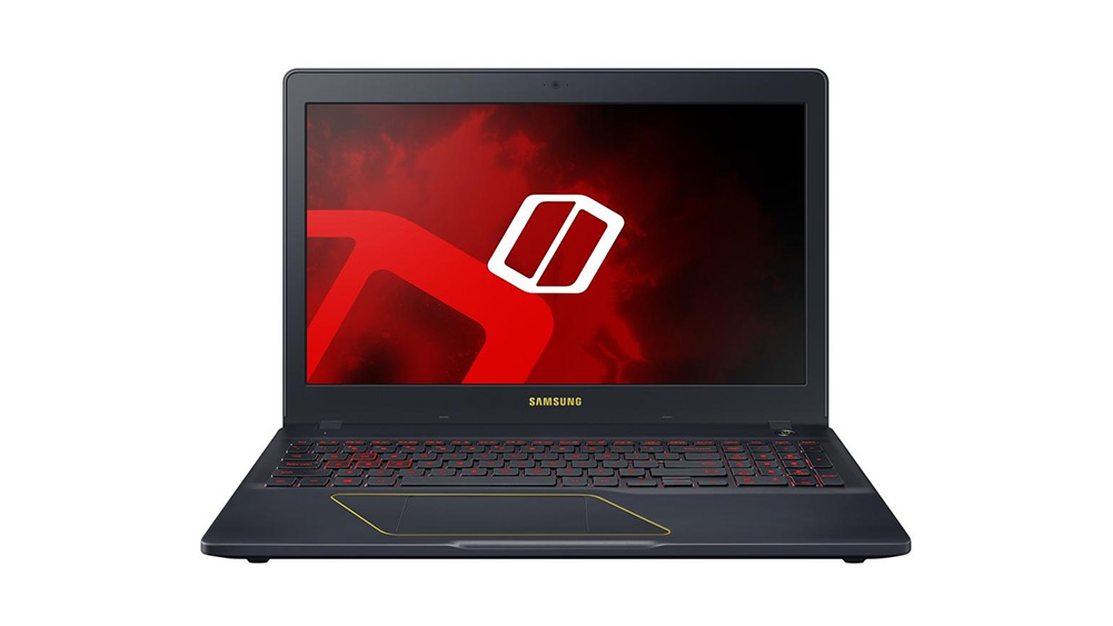 Notebook gamer samsung odyssey, preto e vermelho, sobre fundo branco
