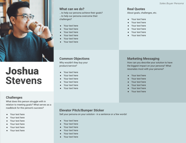Buyer persona template example of a man called Joshua Stevens. Areas to fill out include: Challenges and common objections.