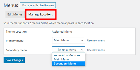 gerenciar locais de menu no WordPress