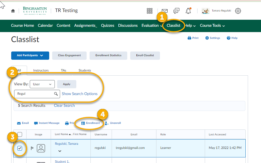 This image displays steps 1 to 4: Classlist, Search, Check off, Enrollment