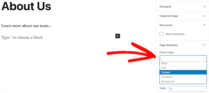 Editor de página definir página pai