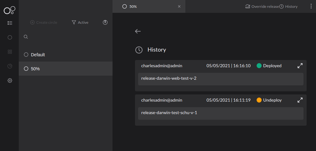Imagem da nova Tela de Histórico no Charles CD 1.0 com a listagem dos deploys realizados no círculo. Em cada item contém informações do que o usuário fez, como quando realizou o deploy, release deployada, data, horário e status. 