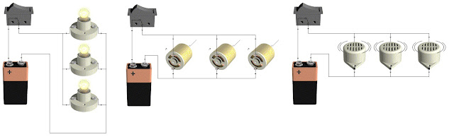 Circuito paralelo de varias maneras, usando bombillos incandescentes y motores dc