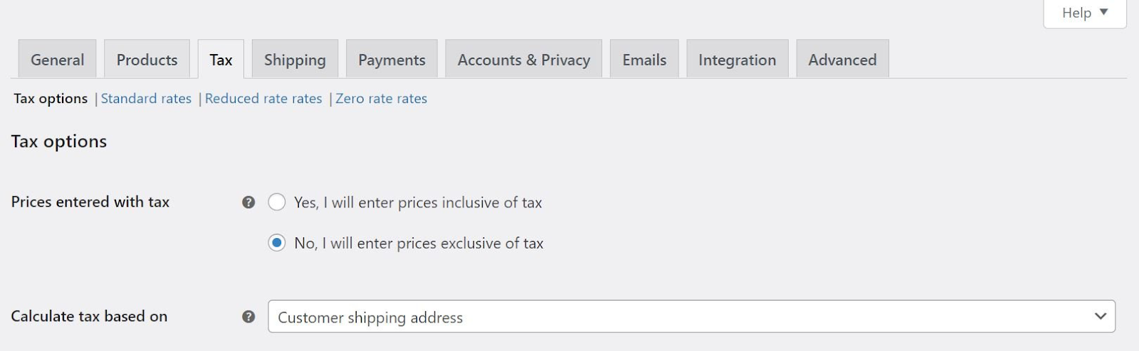 tax options in woocommerce