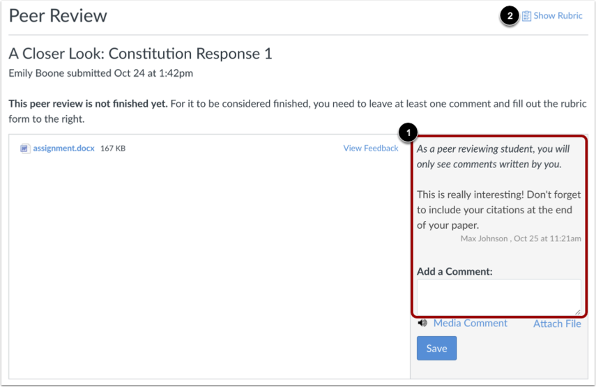 Submission screenshot highlighting Student comment on the submission details page and the show rubrics button.