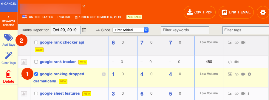 add tags to keywords in authority labs