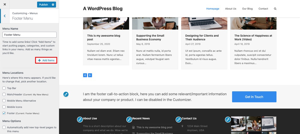 Construir o menu WordPress - Personalizador ao vivo