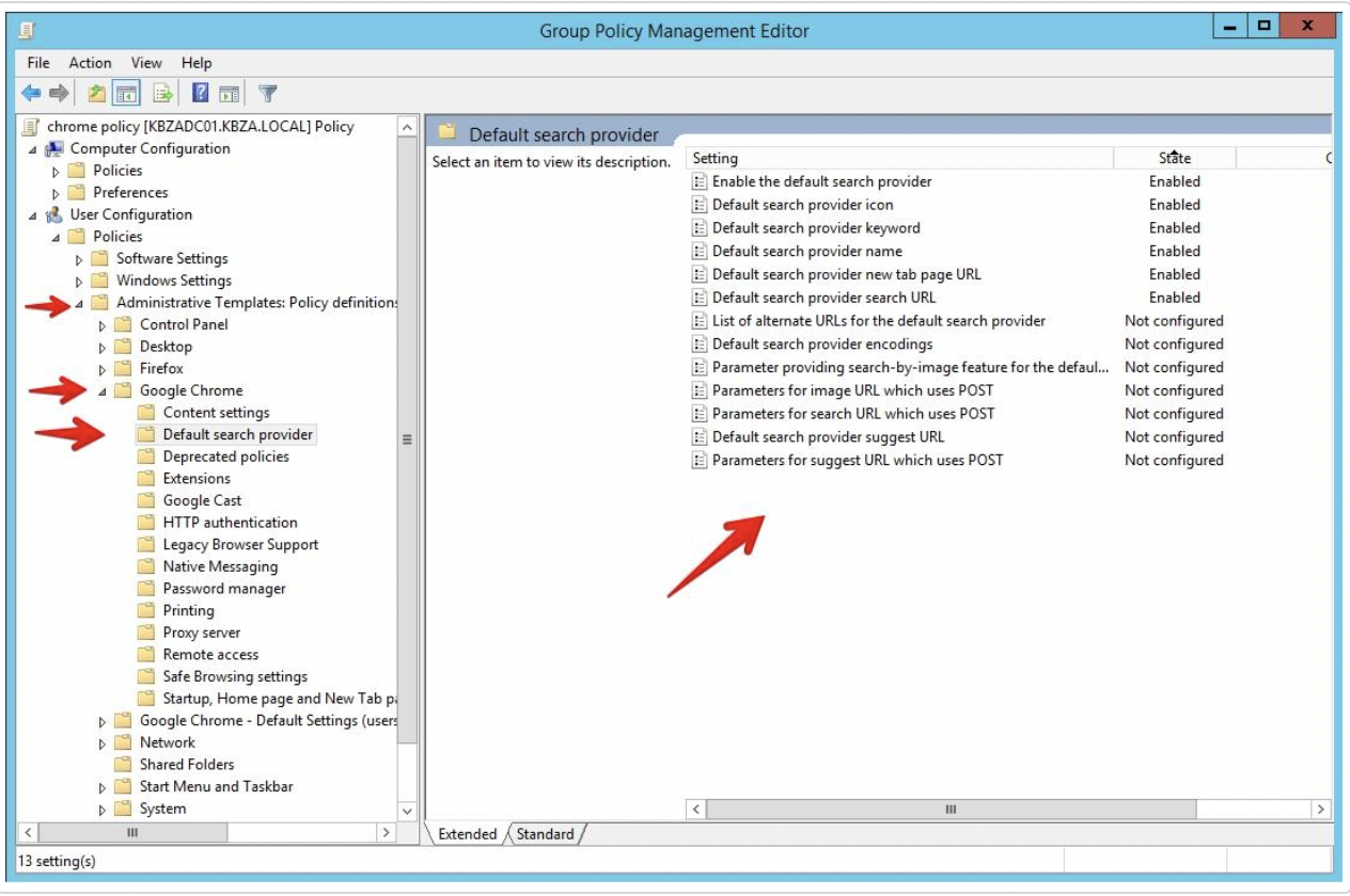 Image showing how to reach the default search provider folder within the group policy editor for Chrome
