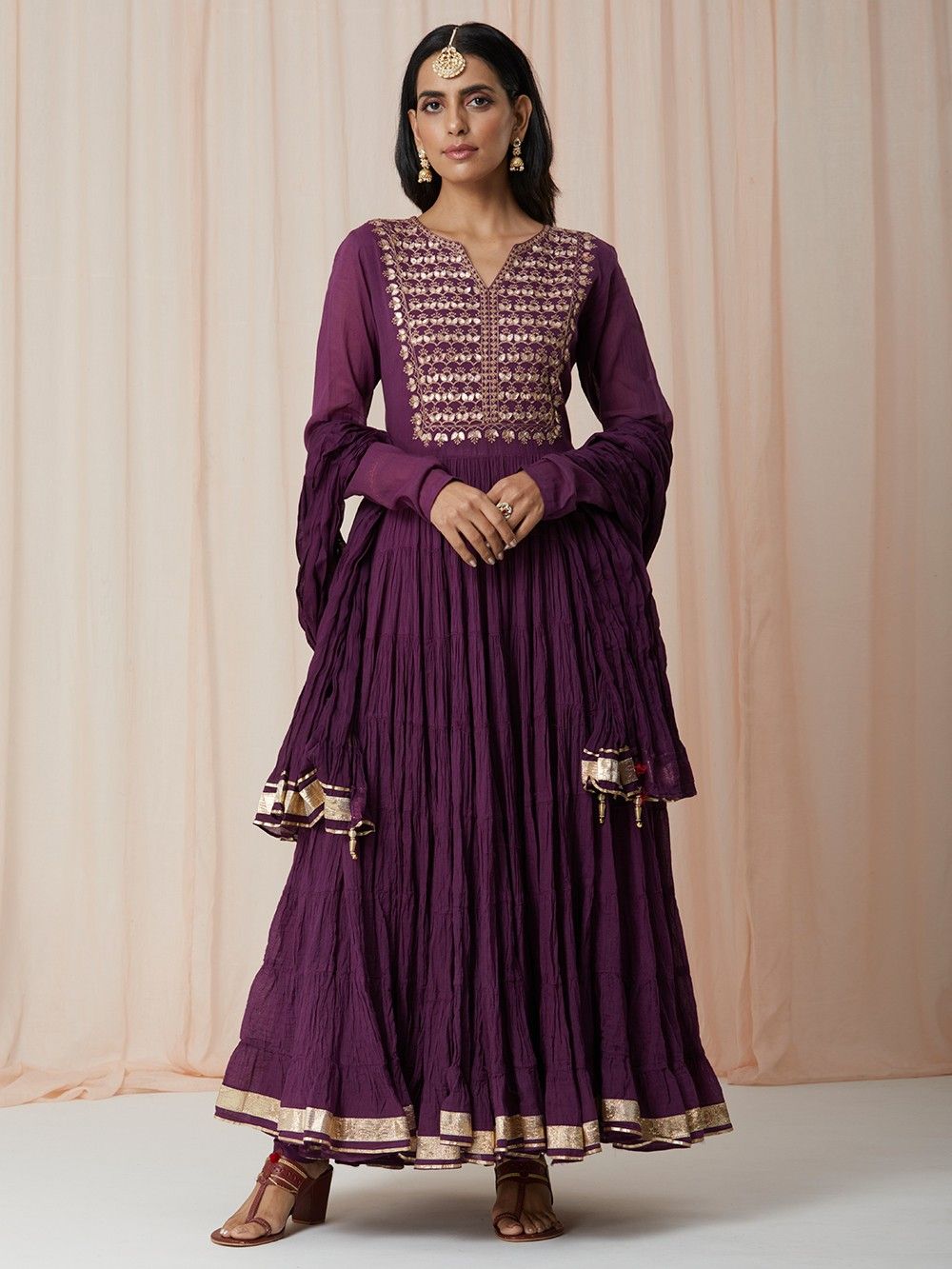 the loom - Burgundy Hand Embroidered Cotton Anarkali Suit