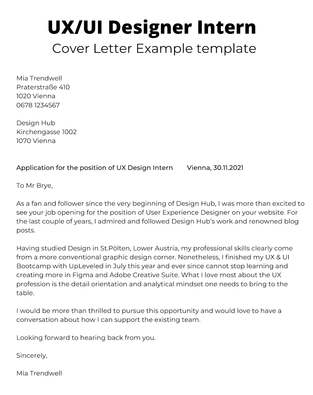   Example cover letter for a design internship