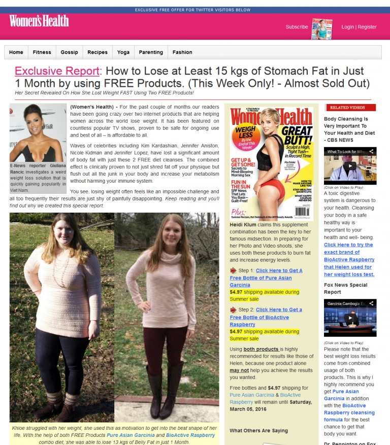 The ad, however, leads to a page that contains nothing about losing weight without going to the gym or the $5 solution promised. 
