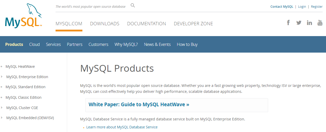 Página de produtos no site MySQL - da linguagem de programação SQL 