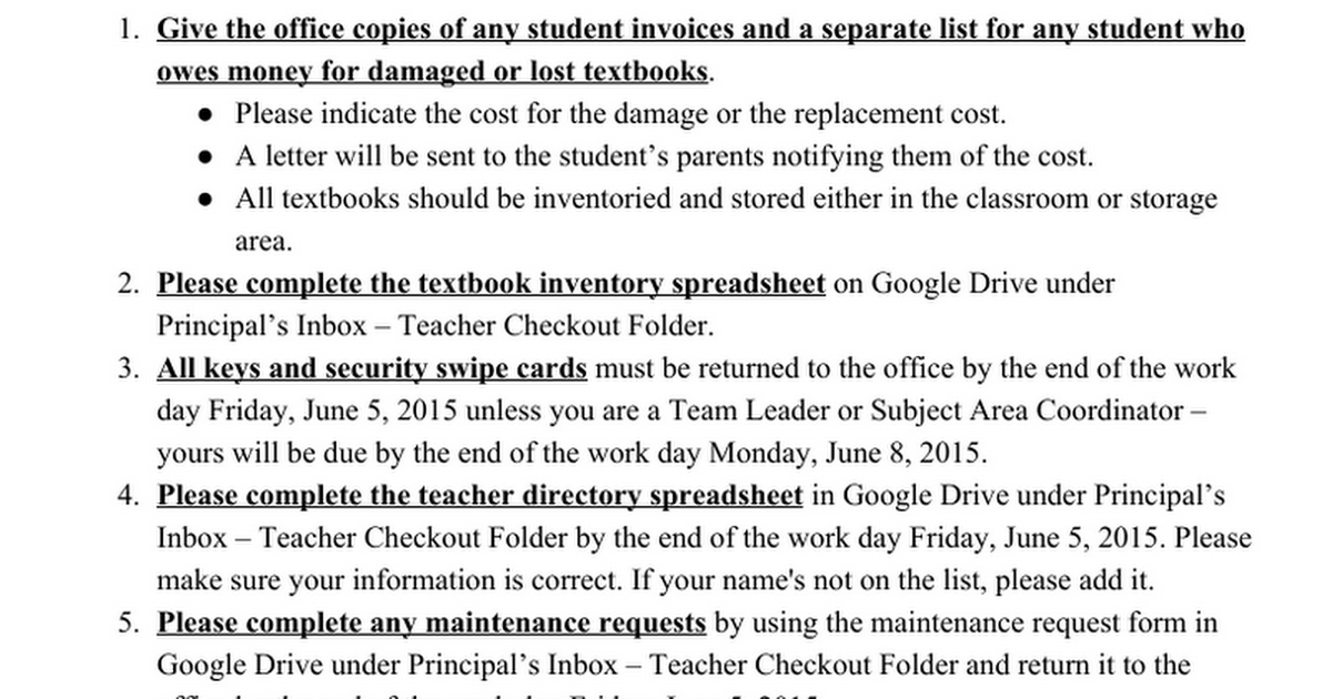 2014-2015 End of the Year - Teacher Check-Out Memo