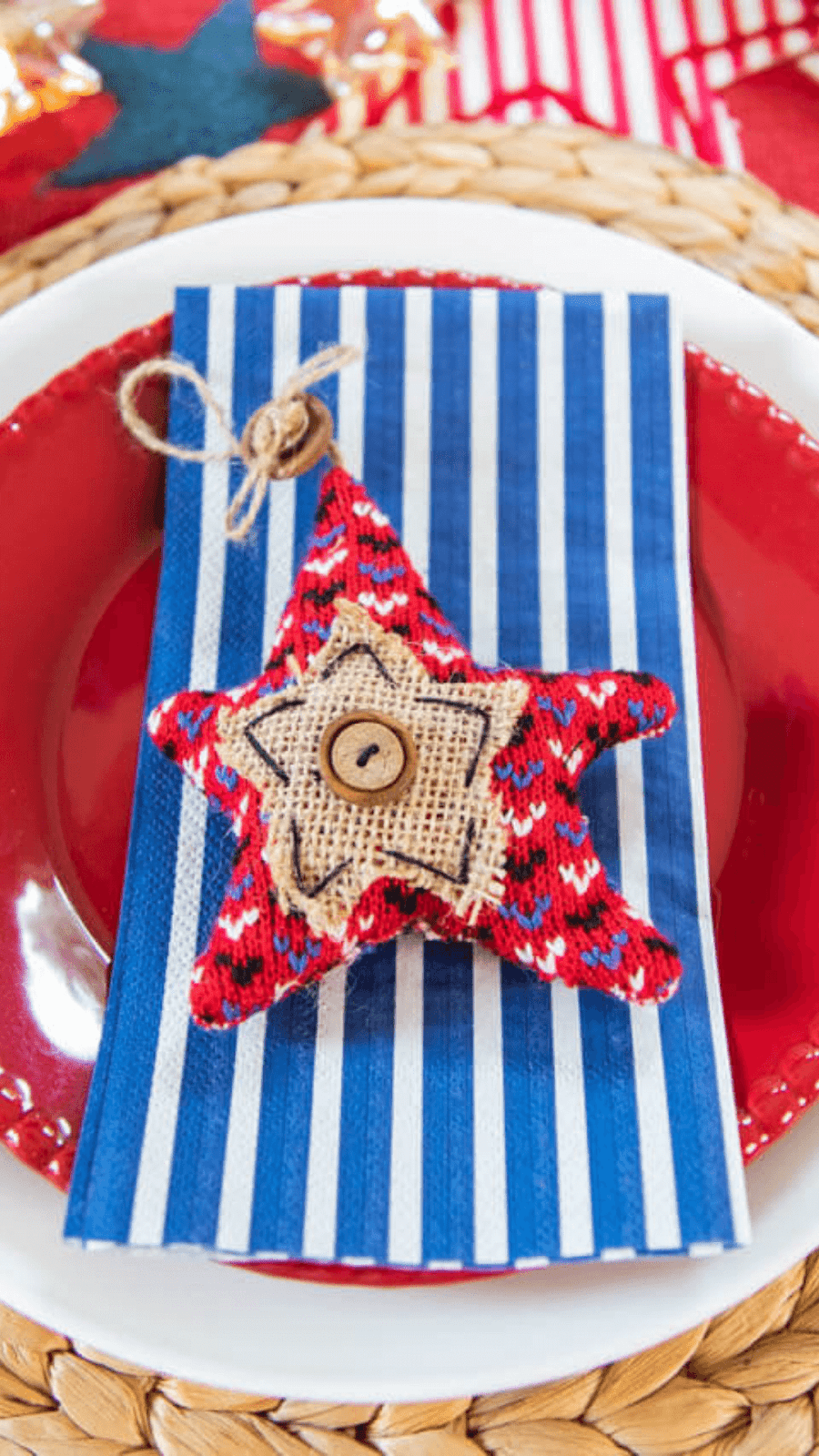 ornament place setting with red plate and red and white napkin