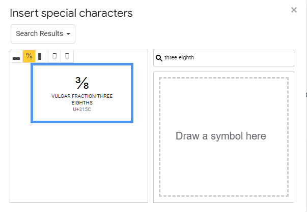 searching for three-eighths symbol in special characters in google docs