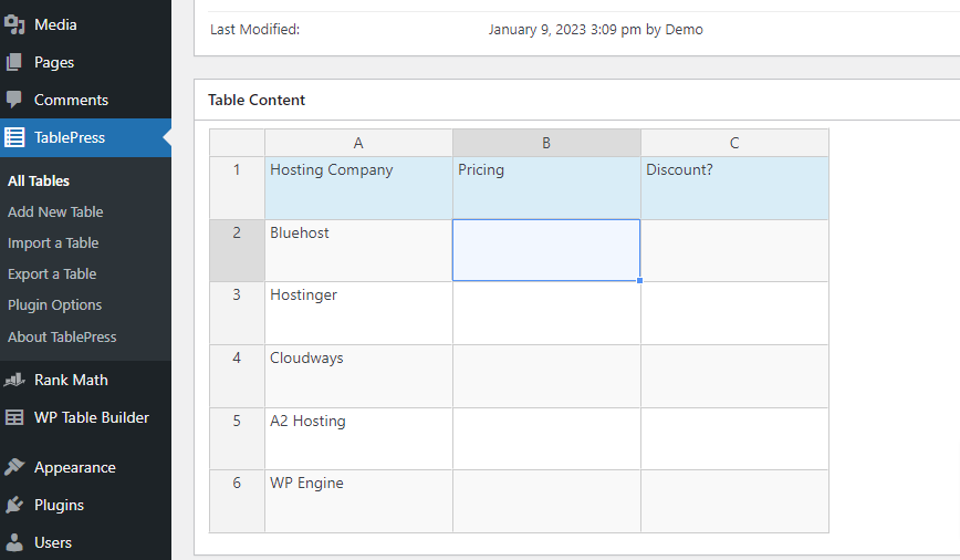 Adding content to table
