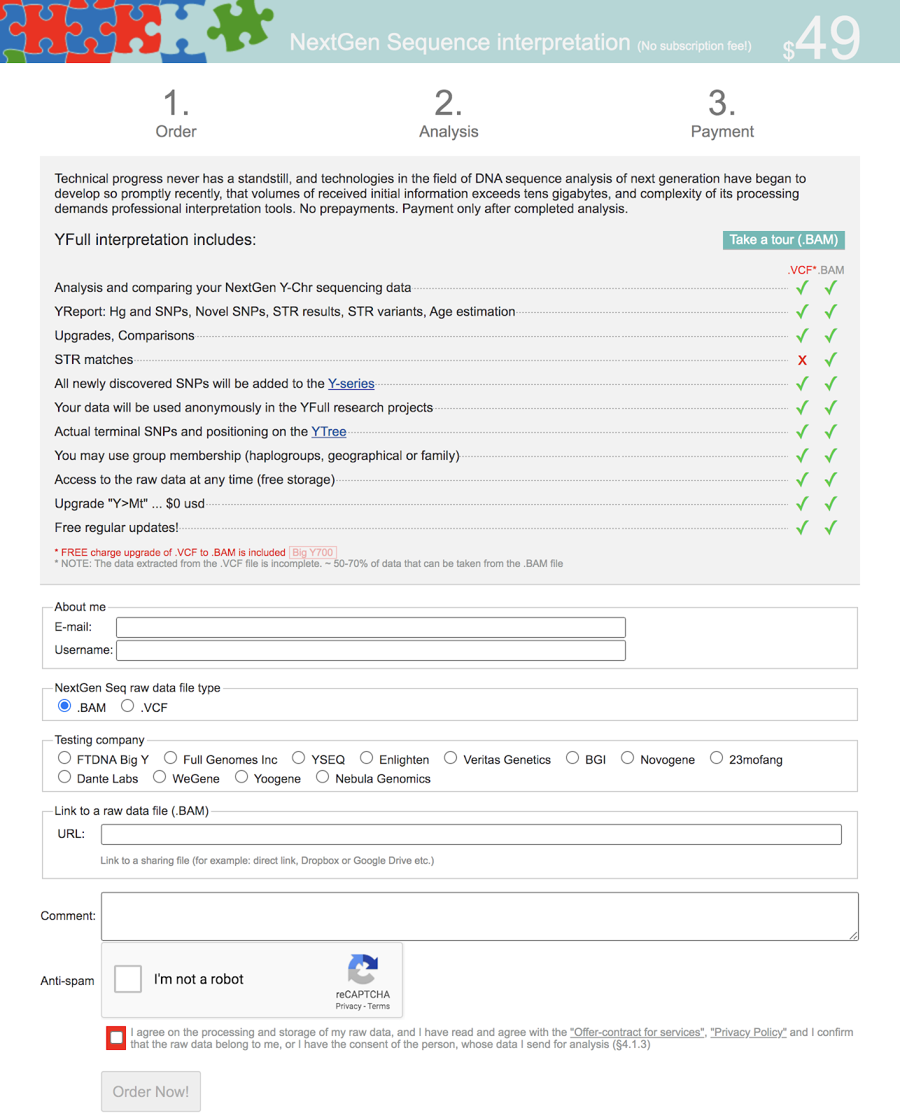 Screenshot of YFull order page with list of what it includes, a form, and an order now button