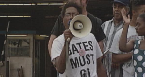 A protester calling for the ouster of Daryl F. Gates, the chief of the Los Angeles Police Department, in “Let It Fall: L.A. 1982-1992.”