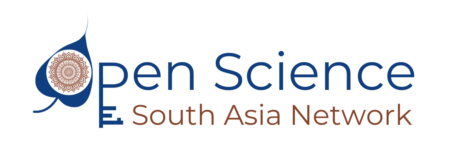 Logo for that says "Open Science South Asia Network" that includes brown mandala art within a leaf as the "O" and a key as part of the "P"