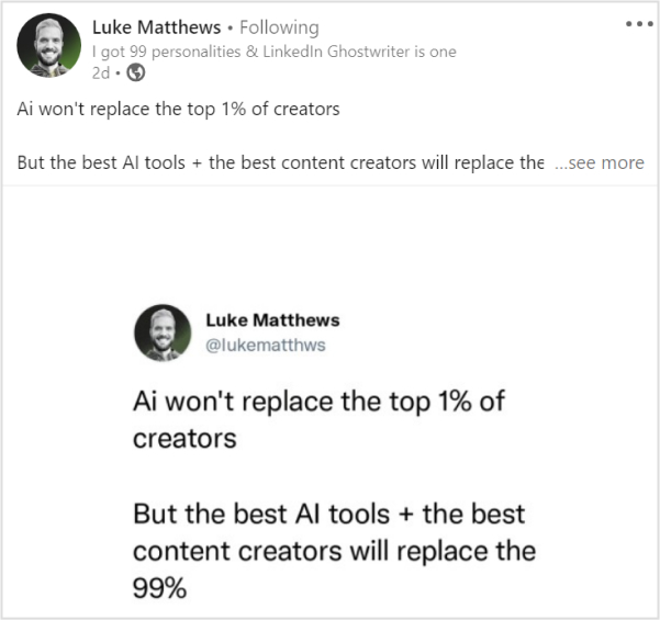 Luke Matthews-the top LinkedIn creator shared an industry update regarding Ai.