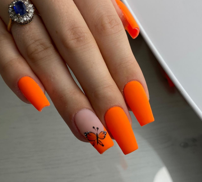 Orange matte Butterfly Neon Nail Designs