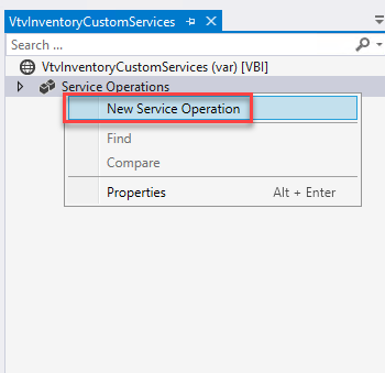 VtvInventcryCustcmSer.'ices -E X 
Search 
VtvInventoryCustomServices (var) [V81] 
Service O erations 
New Service Operation 
Find 
Compare 
Properti es 
Alt * Enter