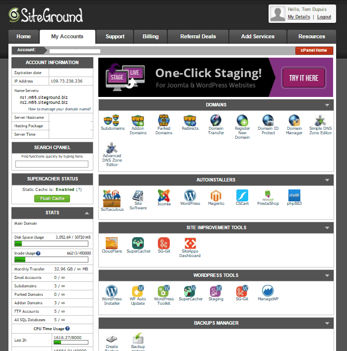 Siteground frente a Bluehost: cPanel de SiteGround