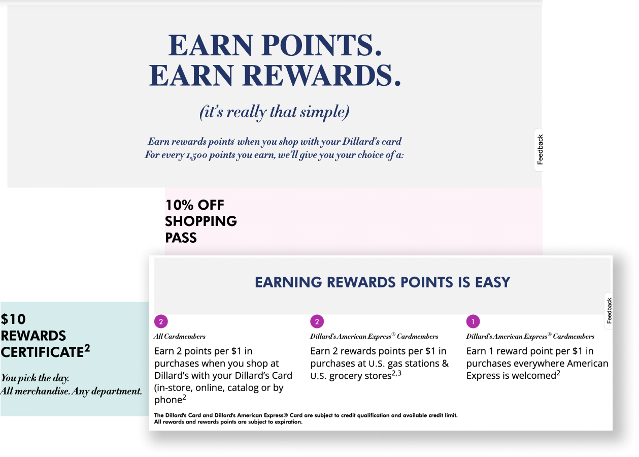 Why Large Rewards Program Fail–A screenshot of Dillard’s rewards program explainer page showing the various ways to earn points and redeem them.