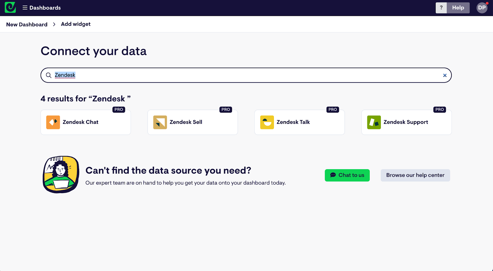 Screenshot of Geckoboard's data sources connection screen showing Zendesk products.