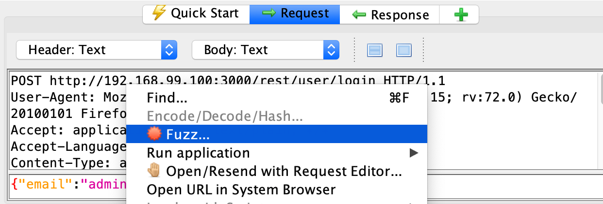 Fuzz option in the OWASP ZAP contextual menu