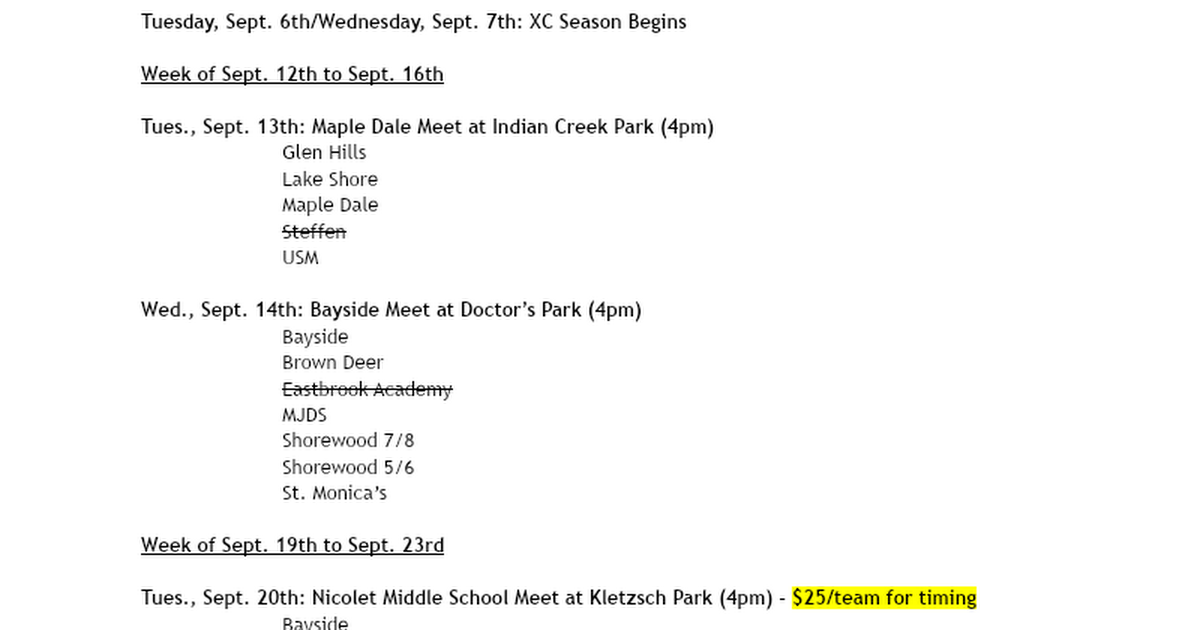 2022 Middle School XC Schedule